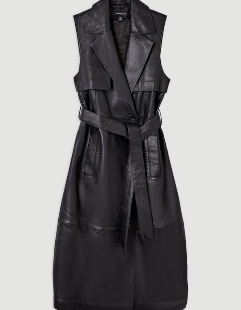 Leather Sleeveless Belted Storm Flap Detail Trench Coat