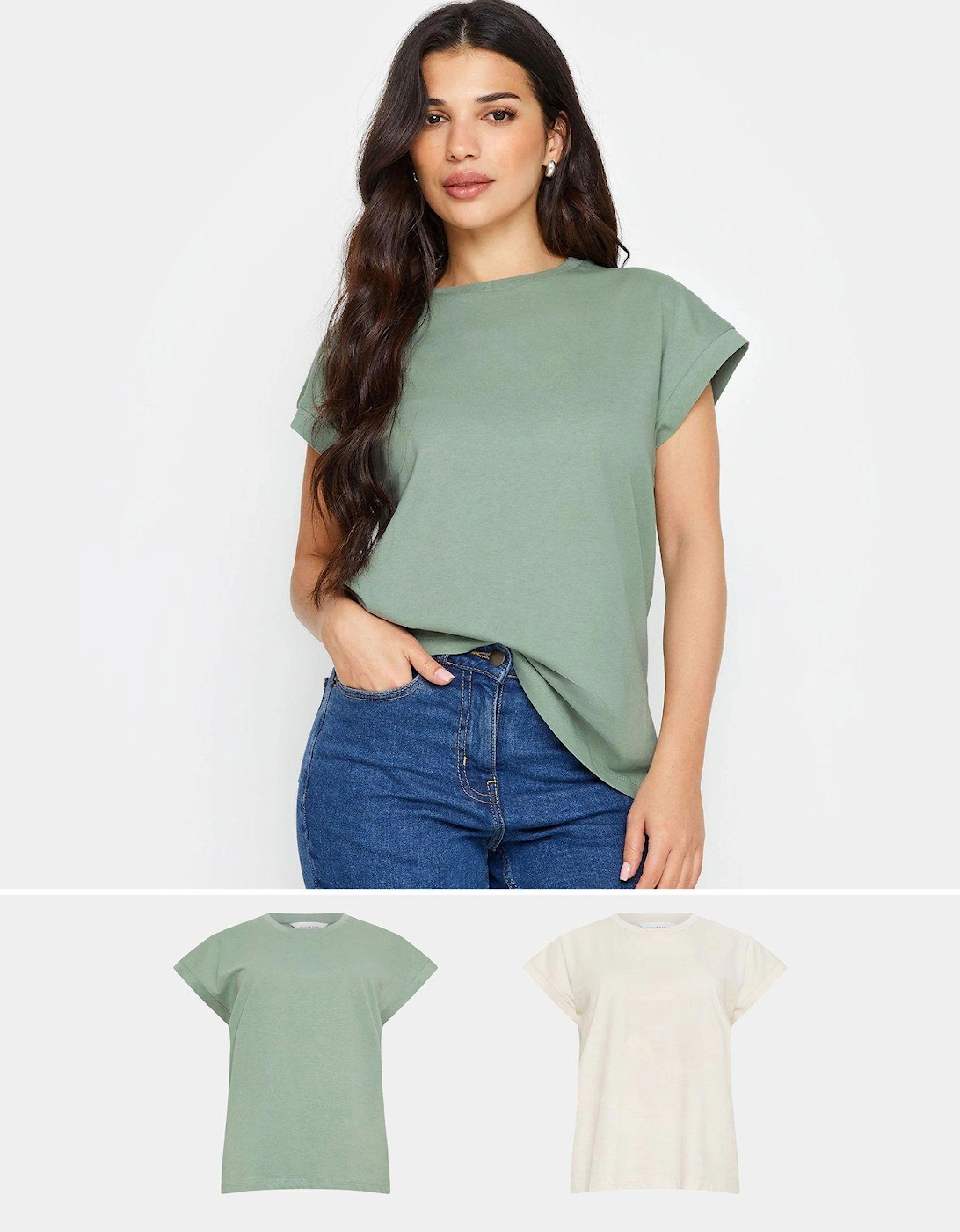Petite 2 Pack Stone/Green Grown On Sleeve T Shirt, 2 of 1