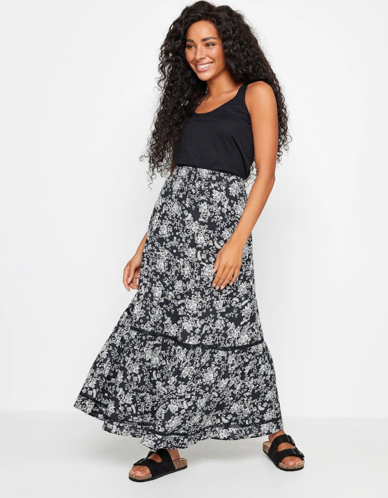 Petite Navy And White Damask Print Tiered Maxi Skirt