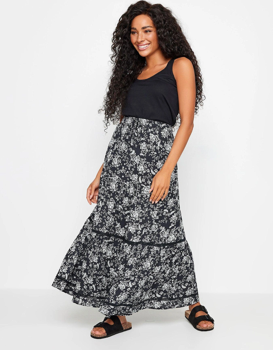 Petite Navy And White Damask Print Tiered Maxi Skirt, 2 of 1