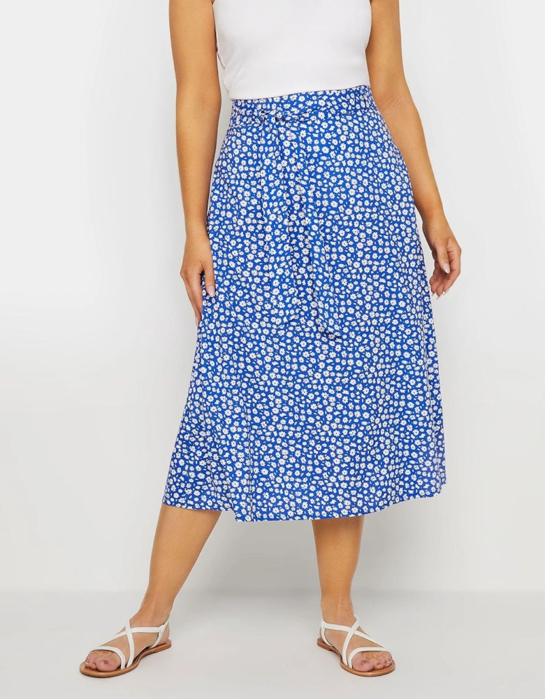 Blue Ditsy Flower Print Belted Midi Skirt