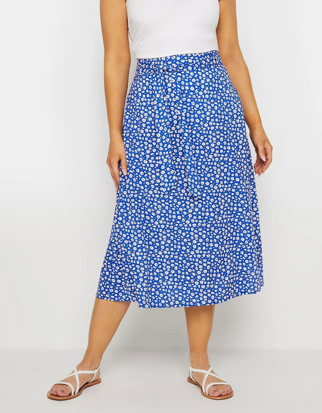Blue Ditsy Flower Print Belted Midi Skirt, 2 of 1