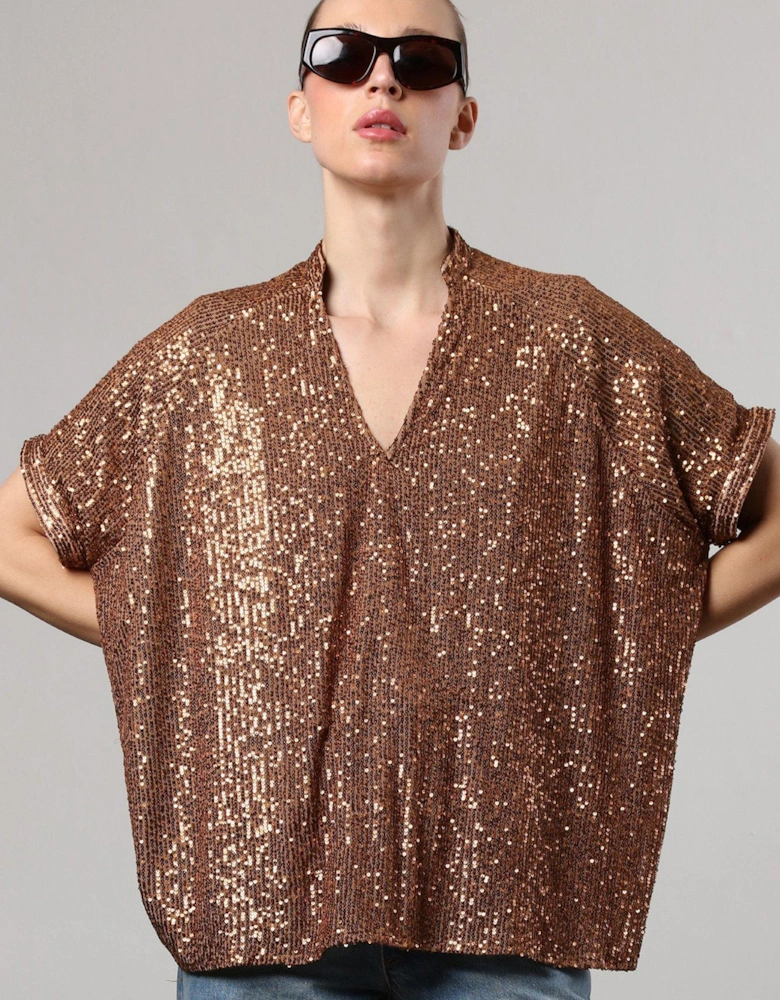 Metallic Oversized Tunic Blouse In Sequin - Brown