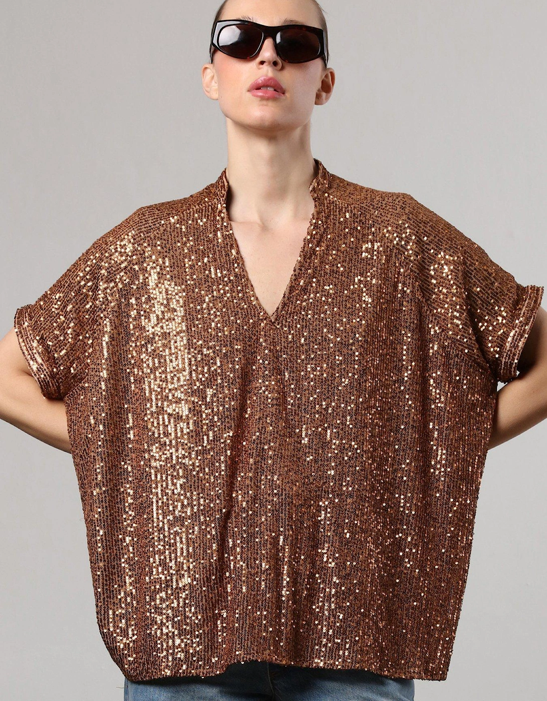 Metallic Oversized Tunic Blouse In Sequin - Brown, 2 of 1