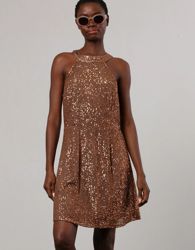 Metallic Halter Neck Mini Dress In Soft Sequin - Brown