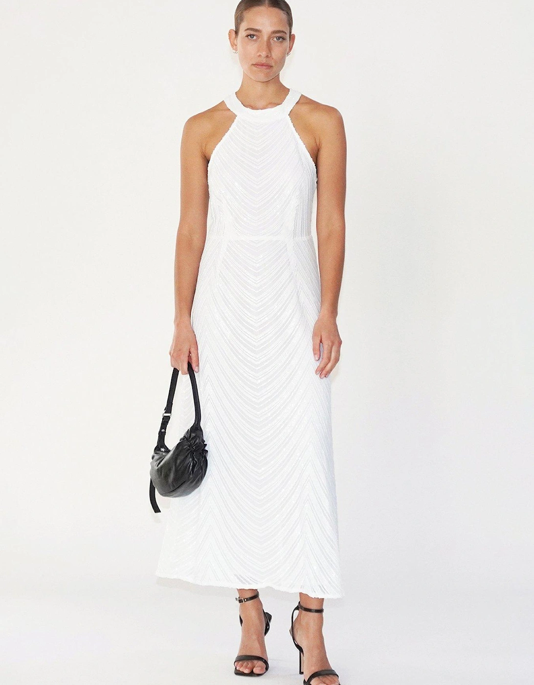 Halterneck Beaded Sequin Midi Maxi Dress - White, 2 of 1