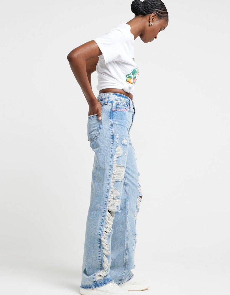 Stitch Ripped Relaxed Straight Fit Jeans - Blue