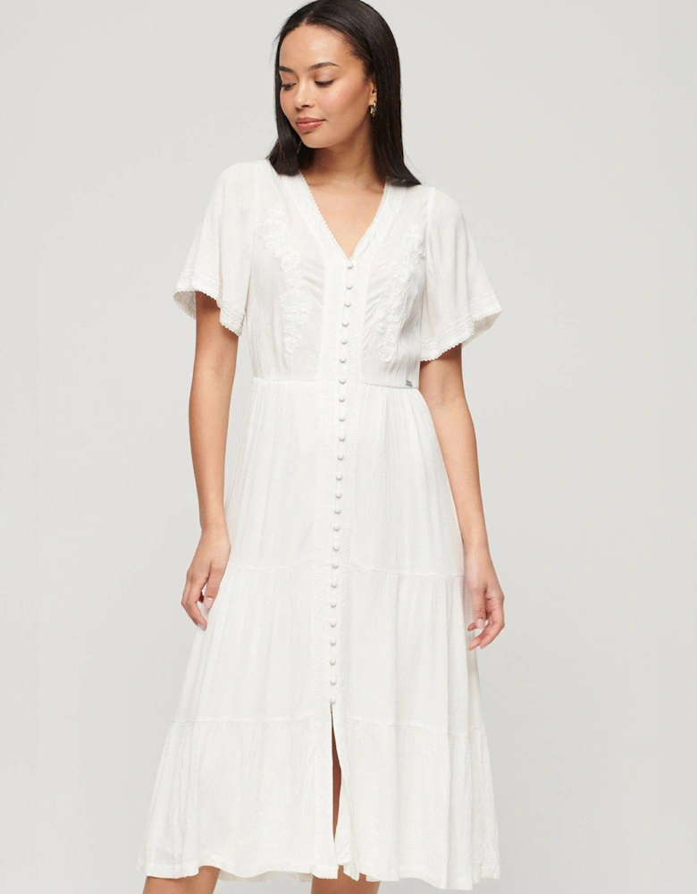 Embroidered Tiered Midi Dress - White