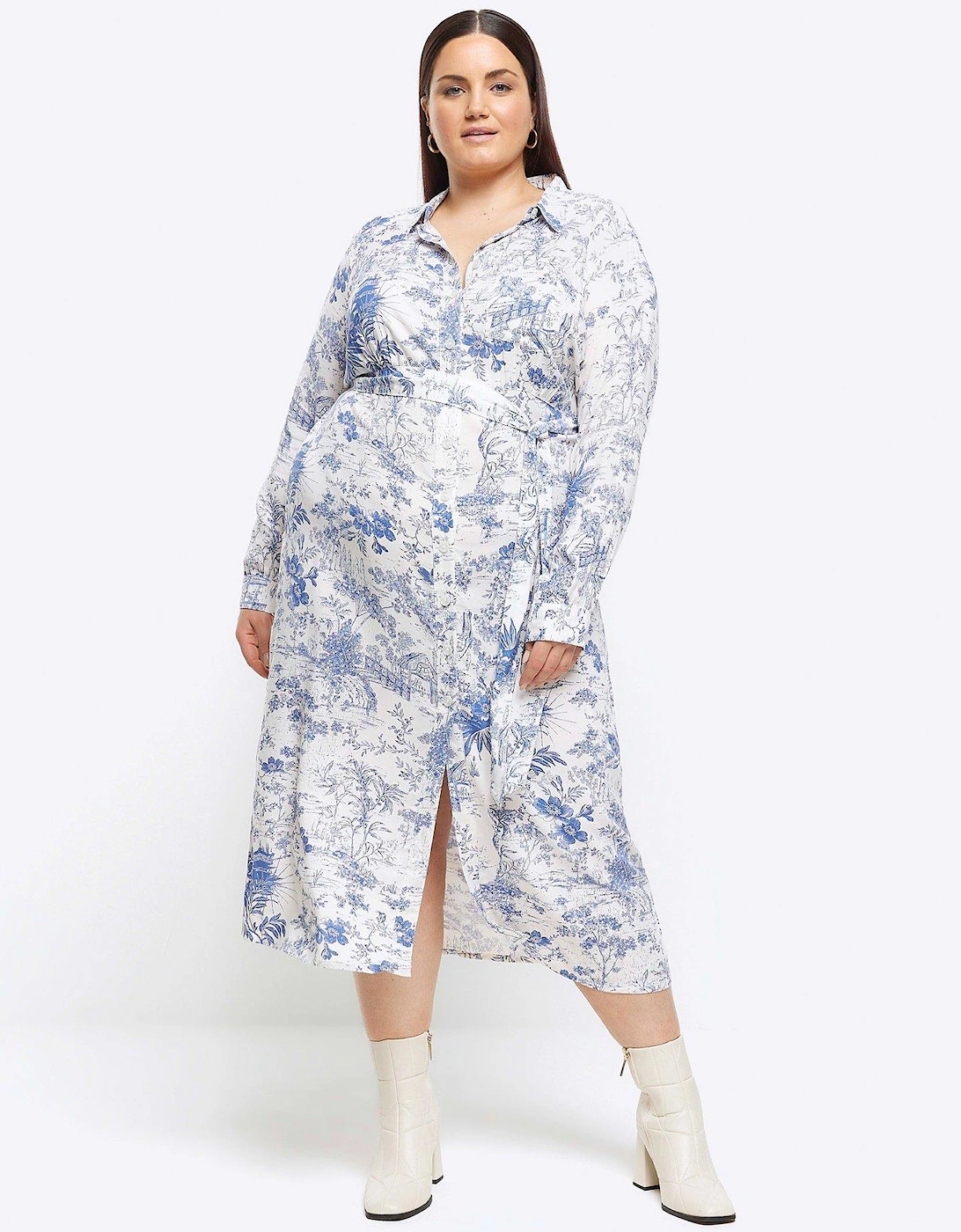 Plus Floral Belted Midi Shirt Dress, 2 of 1
