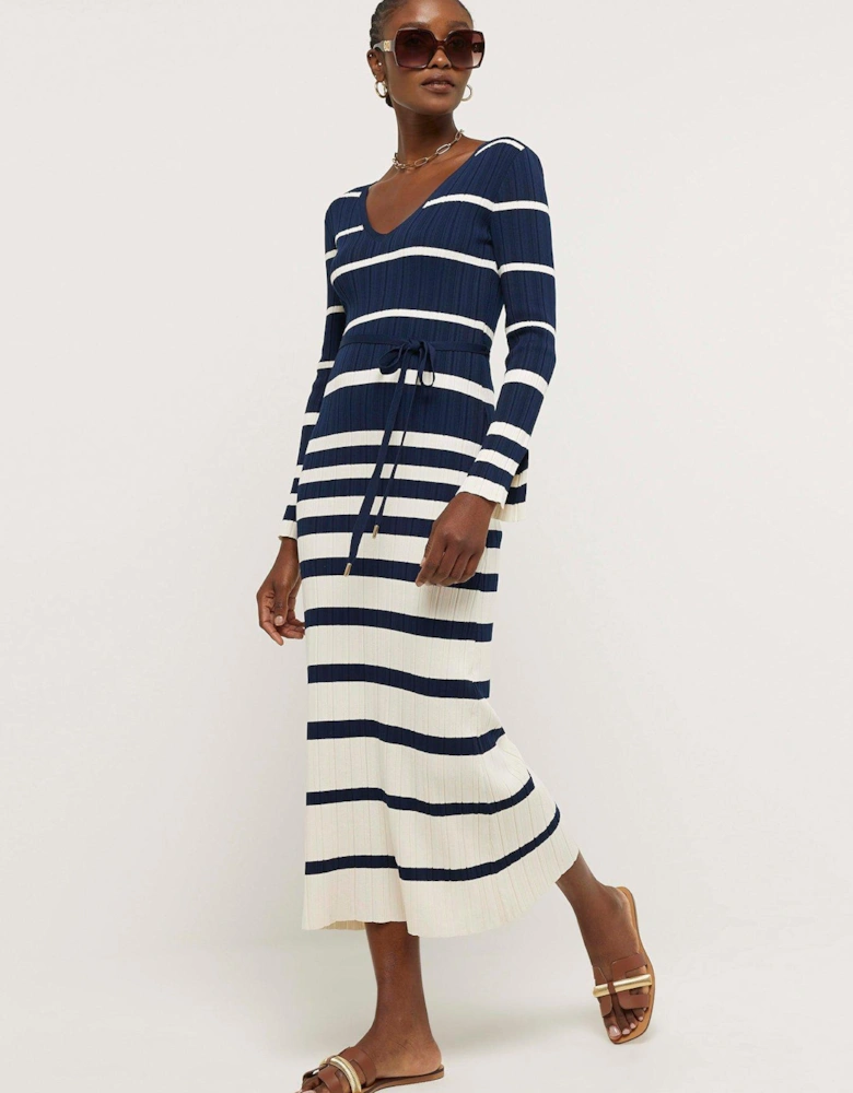 Ribbed Stripe Belted Bodycon Maxi Dress - Blue
