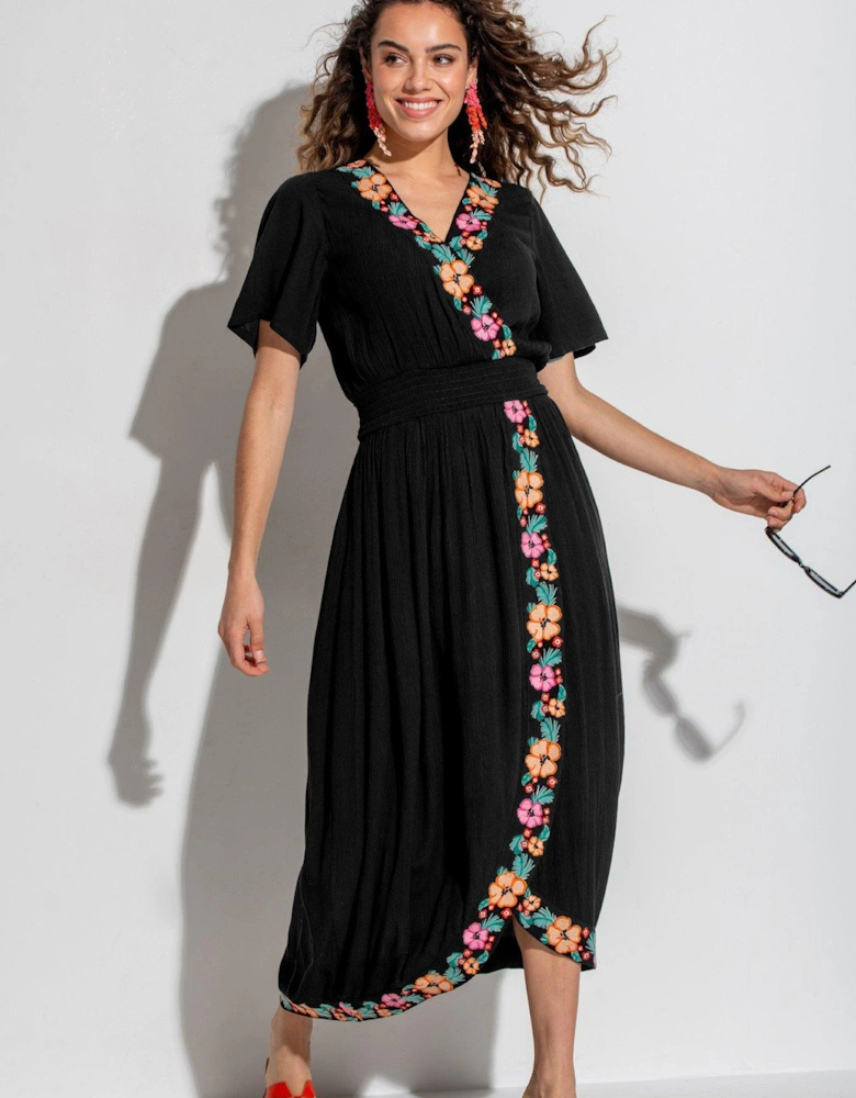 Crinkle Embroidered Beach Dress with LENZING™ ECOVERO™ Viscose Fibres - Black/Multi