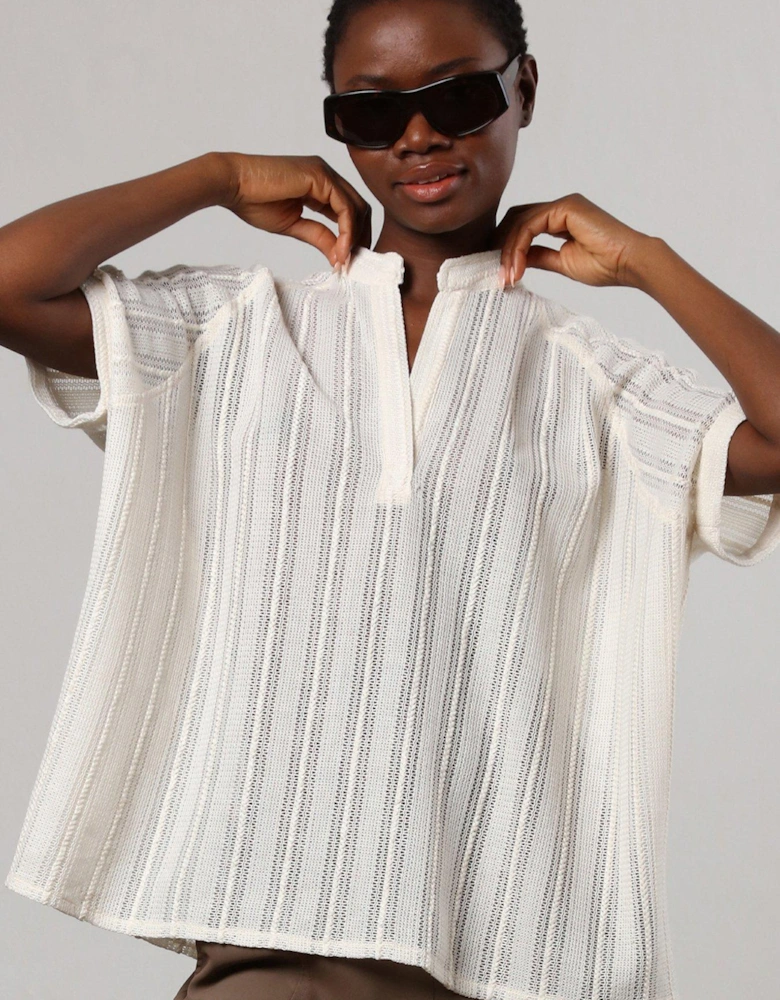 Oversized Sheer Crochet Shirt Blouse - White