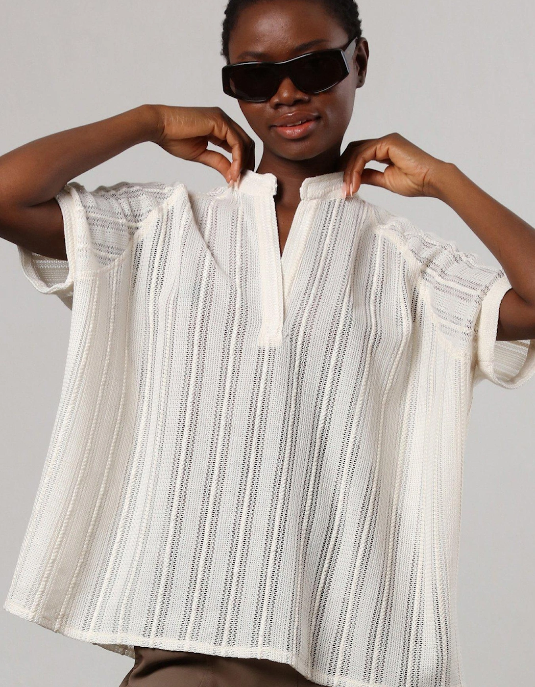 Oversized Sheer Crochet Shirt Blouse - White, 2 of 1