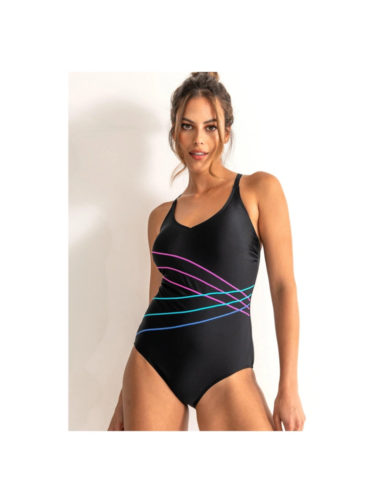 Energy Chlorine Resistant V-Neck Linear Swimsuit - Black/Multi