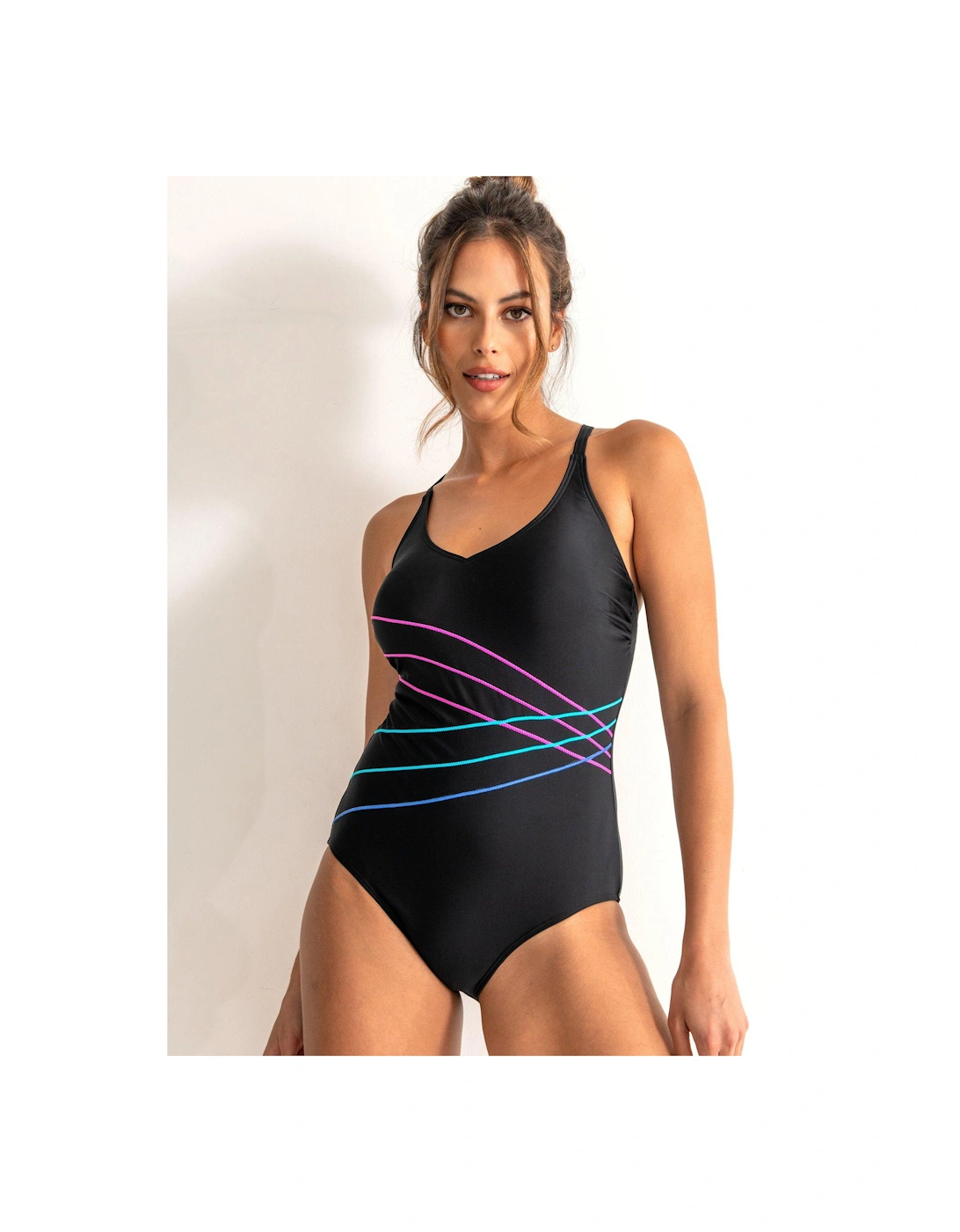 Energy Chlorine Resistant V-Neck Linear Swimsuit - Black/Multi, 2 of 1