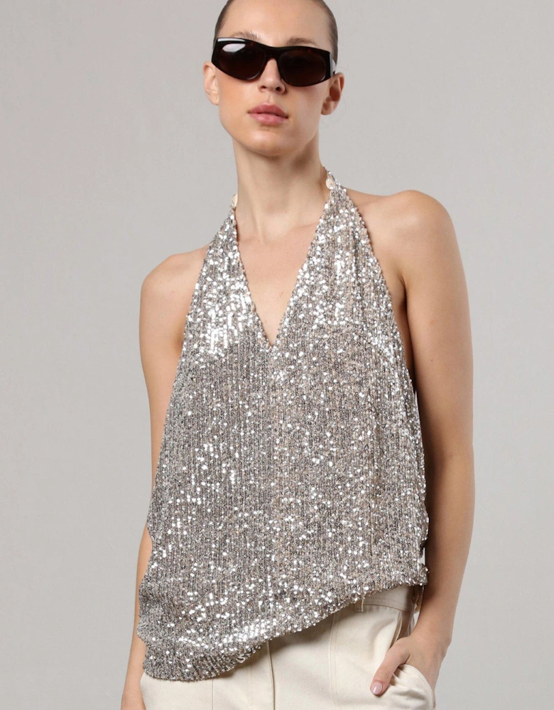Metallic Sequin Backless Top With Halter Neck - Silver
