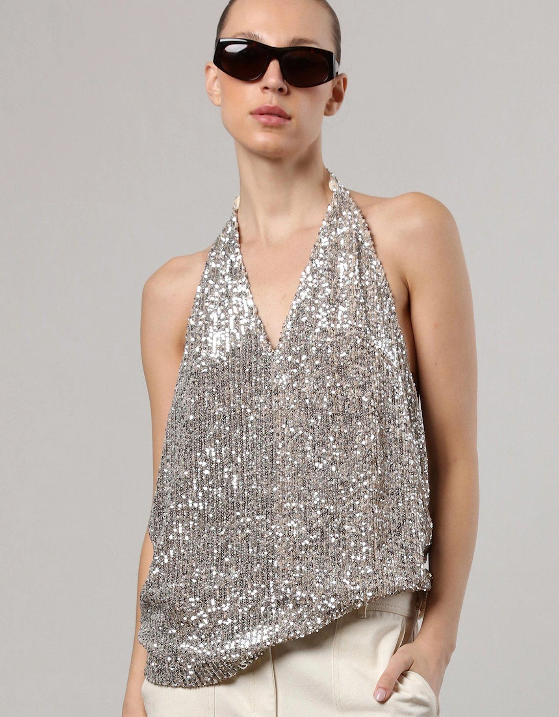 Metallic Sequin Backless Top With Halter Neck - Silver, 2 of 1