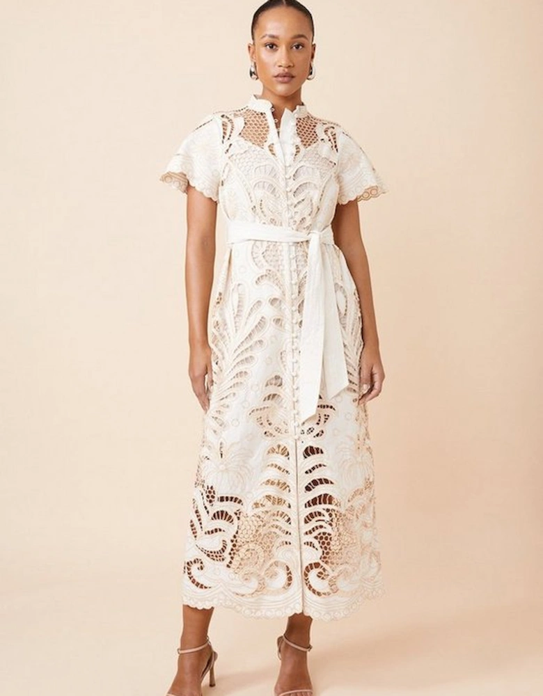 Linen Cutwork Embroidery Woven Midi Dress