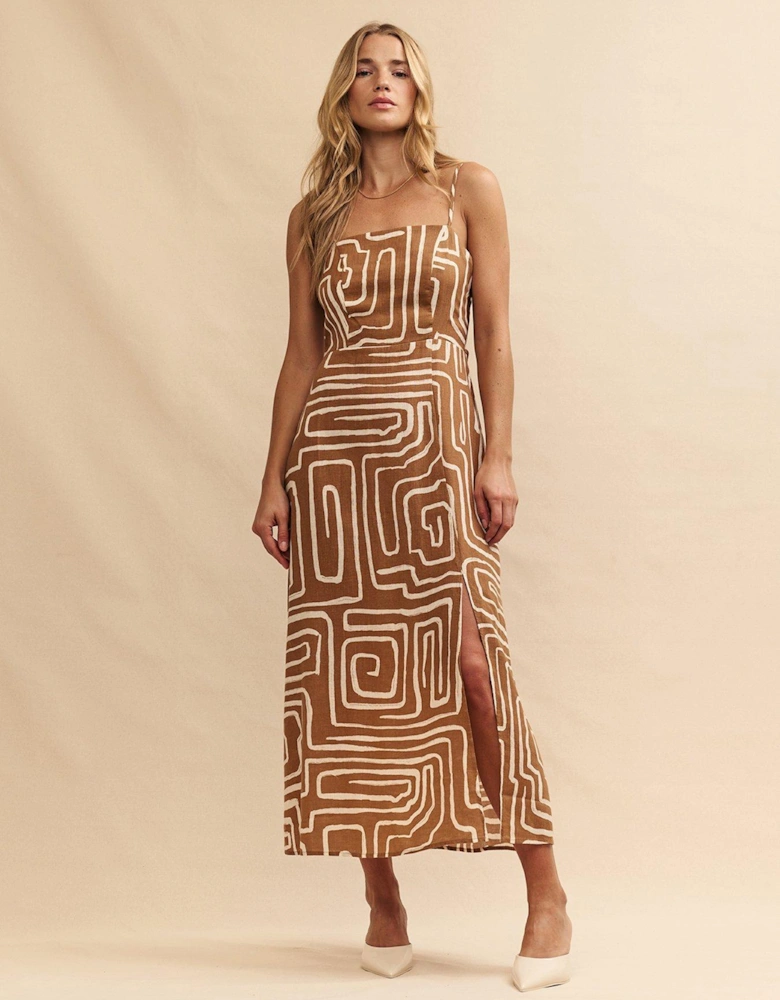 Brown Linen Blend Abstract Midi Dress - Multi