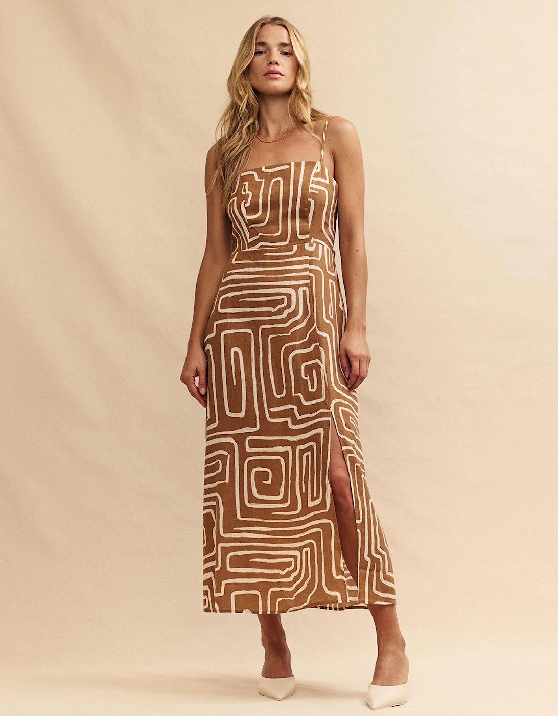 Brown Linen Blend Abstract Midi Dress - Multi, 2 of 1