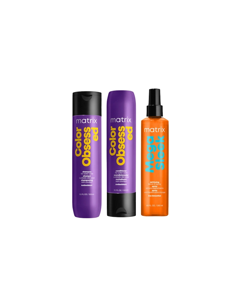 Color Obsessed Shampoo and Conditioner for Colour treated Hair and Mega Sleek Iron Smoother For Anti-Frizz Routine Bundle