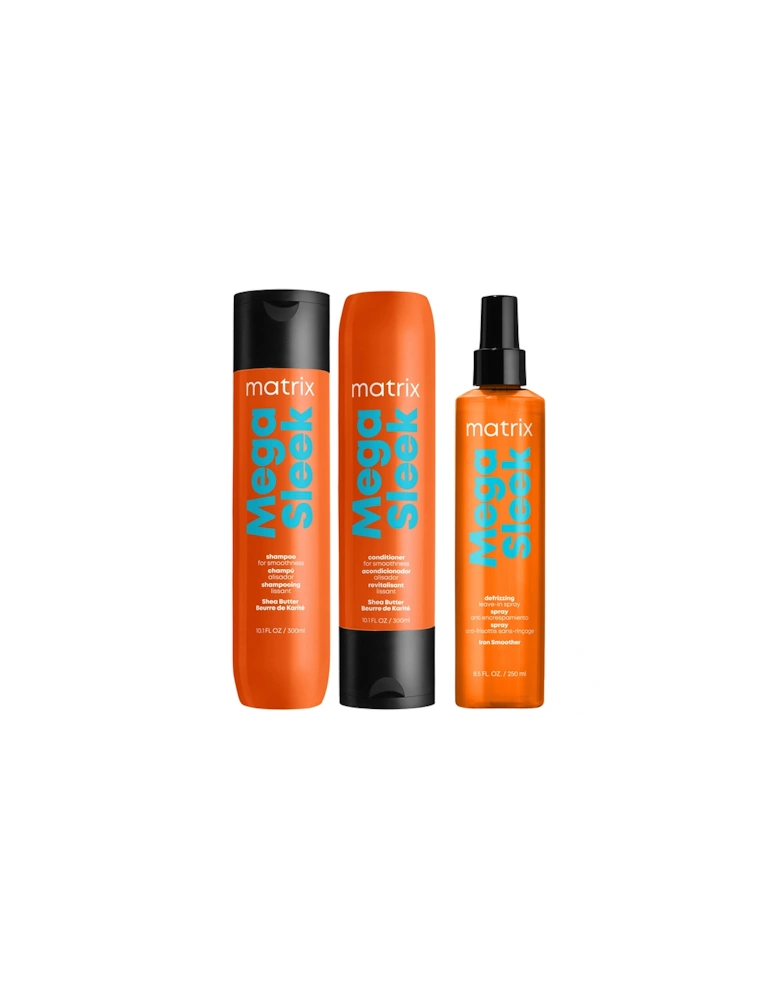 Mega Sleek Shea Butter Smoothing Shampoo, Conditioner and Iron Smoother Heat Protection Routine for Frizzy Hair