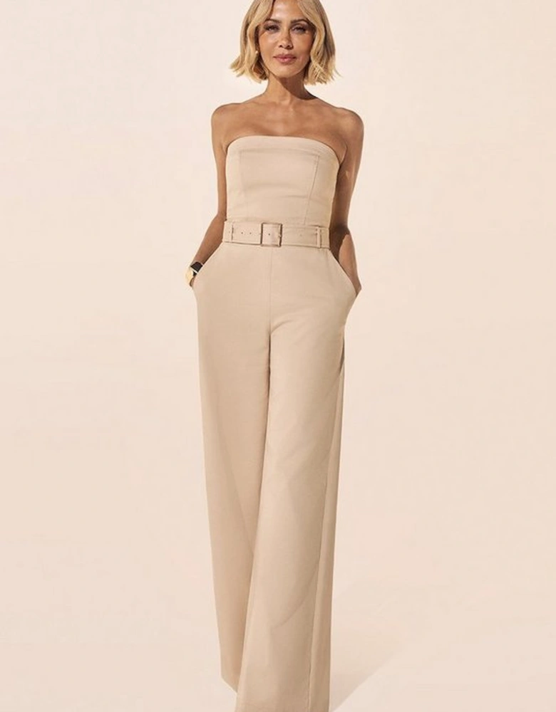 Cotton Sateen Belted Bandeau Tailored Wide Leg Jumpsuit