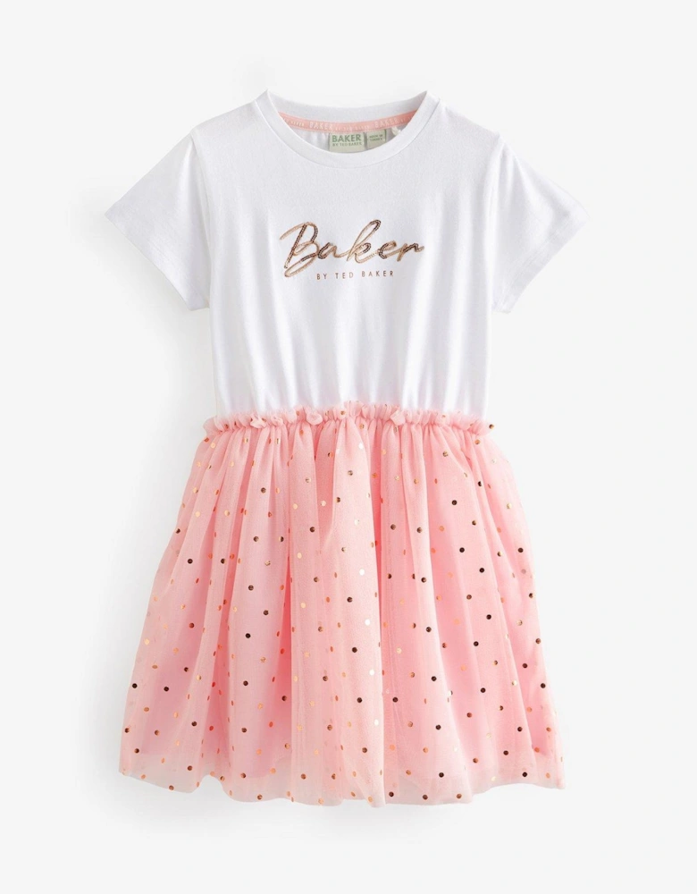 Girls Tee Foil Mock Skirt Dress - Pink