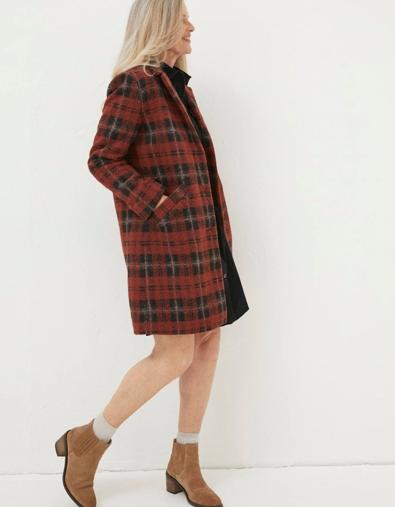 Wool Brushed Check Coat - Red