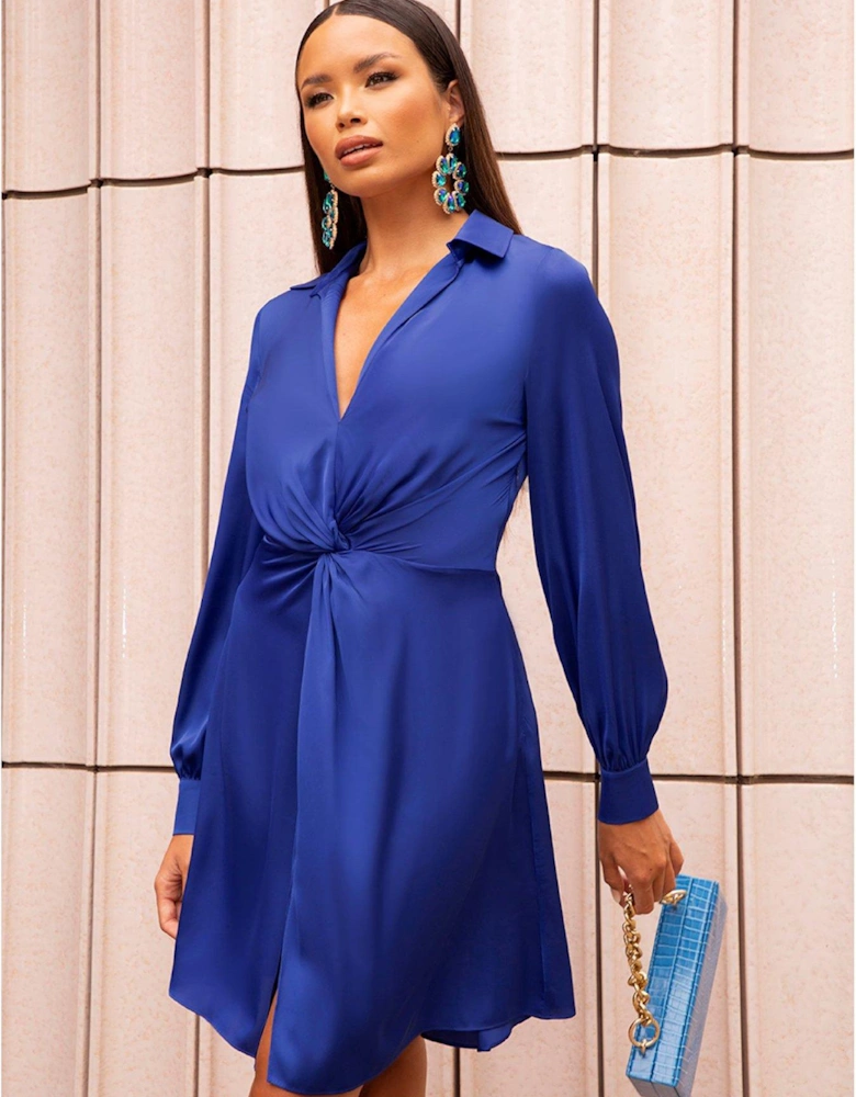 Long Sleeve Plunge Twist Detail Midi Dress - Blue