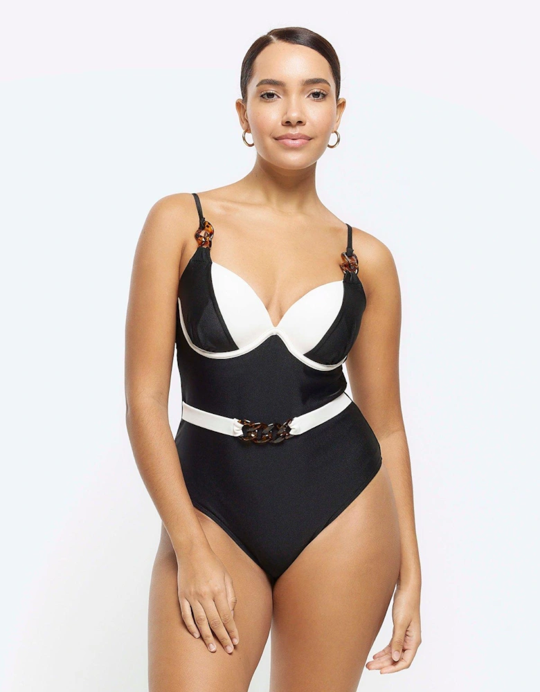 Belted Structured Swimsuit - Black