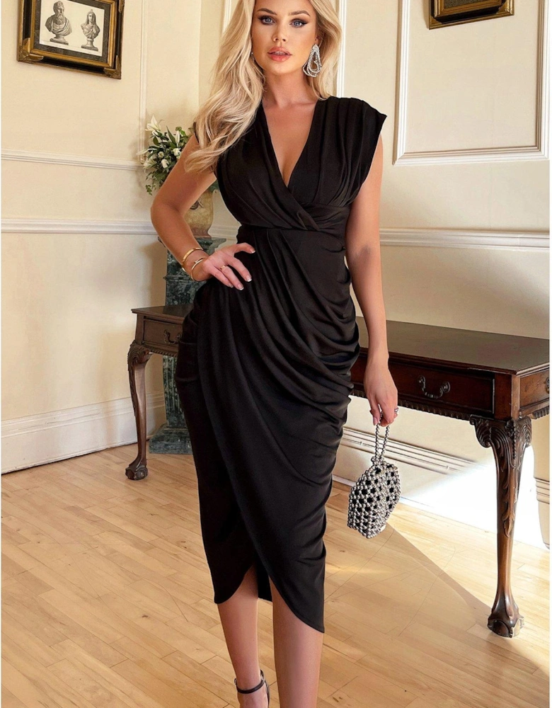 Black Wrap Draped Midi Dress