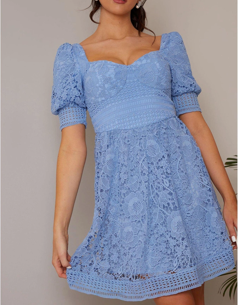 Sweetheart Puff Sleeve Embroidered Mini Dress In Blue