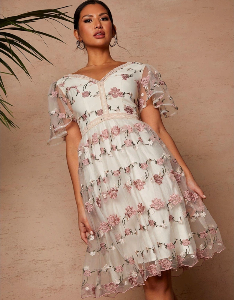 V Neck Floral Lace Midi Dress In Cream/Pink Multi