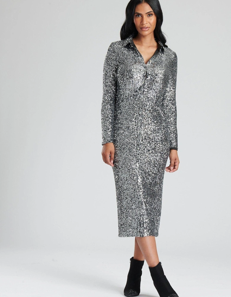 Gunmetal Silver Sequin Midi Shirt Dress