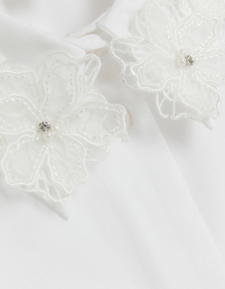 Long Sleeve Floral Collar Boyfriend Shirt - White