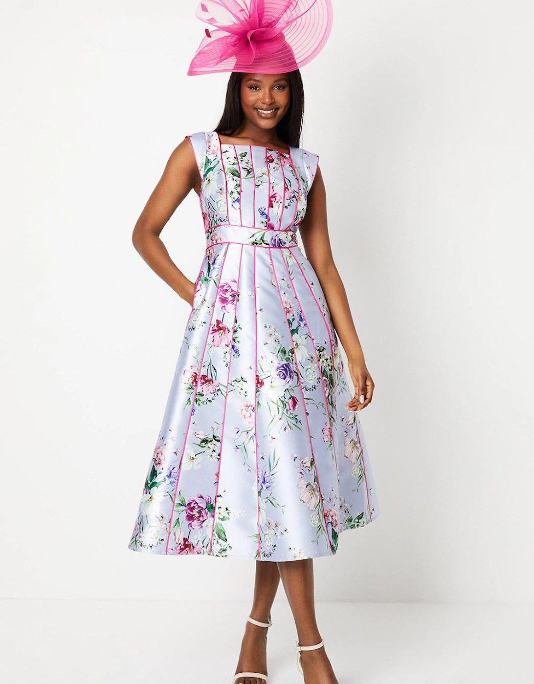 Printed Twill Seamed Midi Dress With Piping, 6 of 5