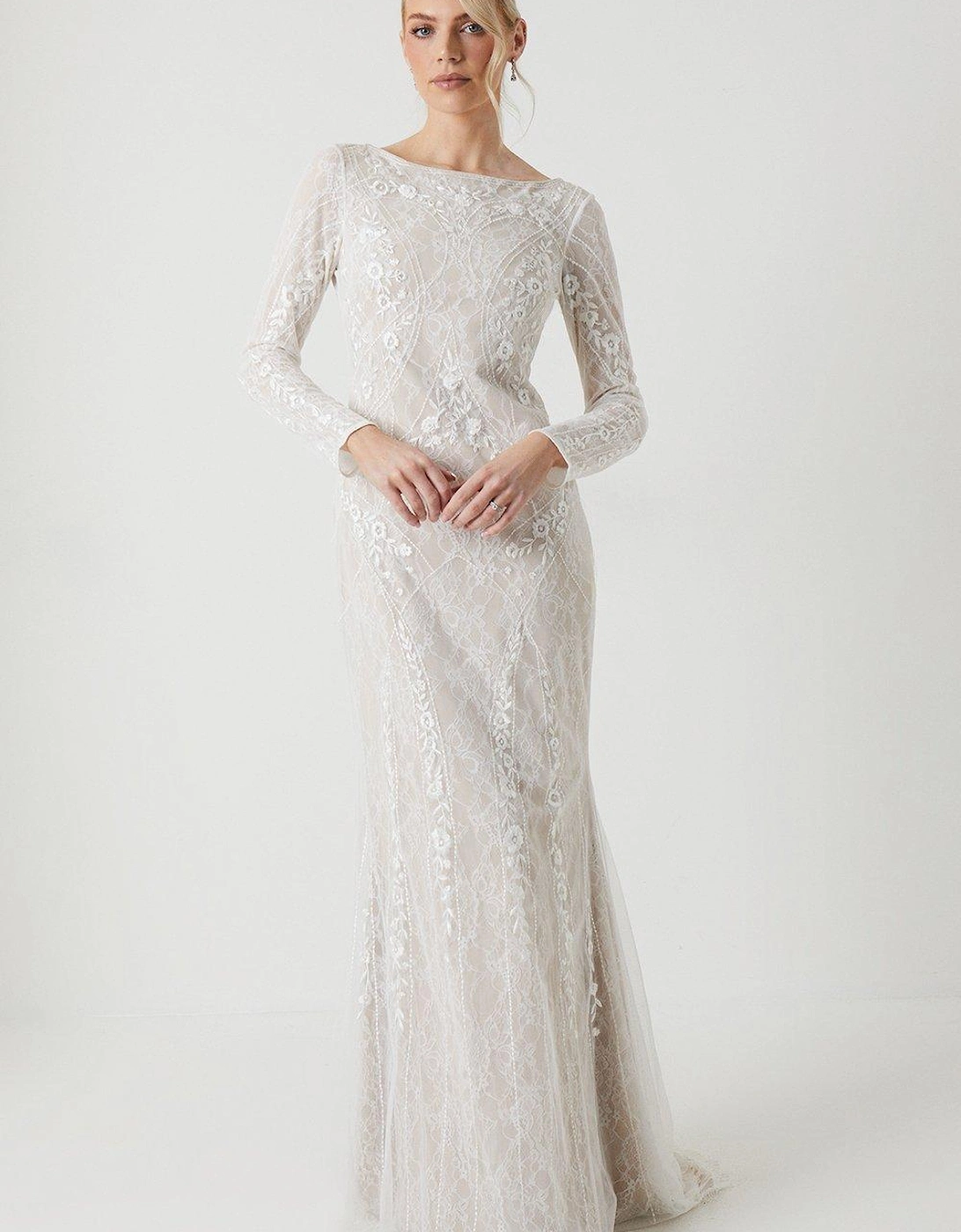 Premium Lace Overlay Handstitched Long Sleeve Wedding Dress, 6 of 5