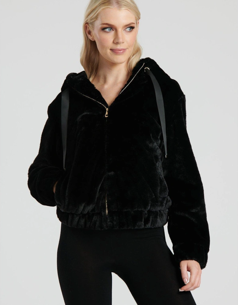 Faux Fur Hooded Jacket In Black