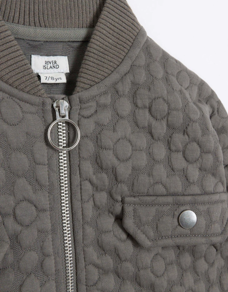 Girls Floral Quilted Bomber Jacket - Grey