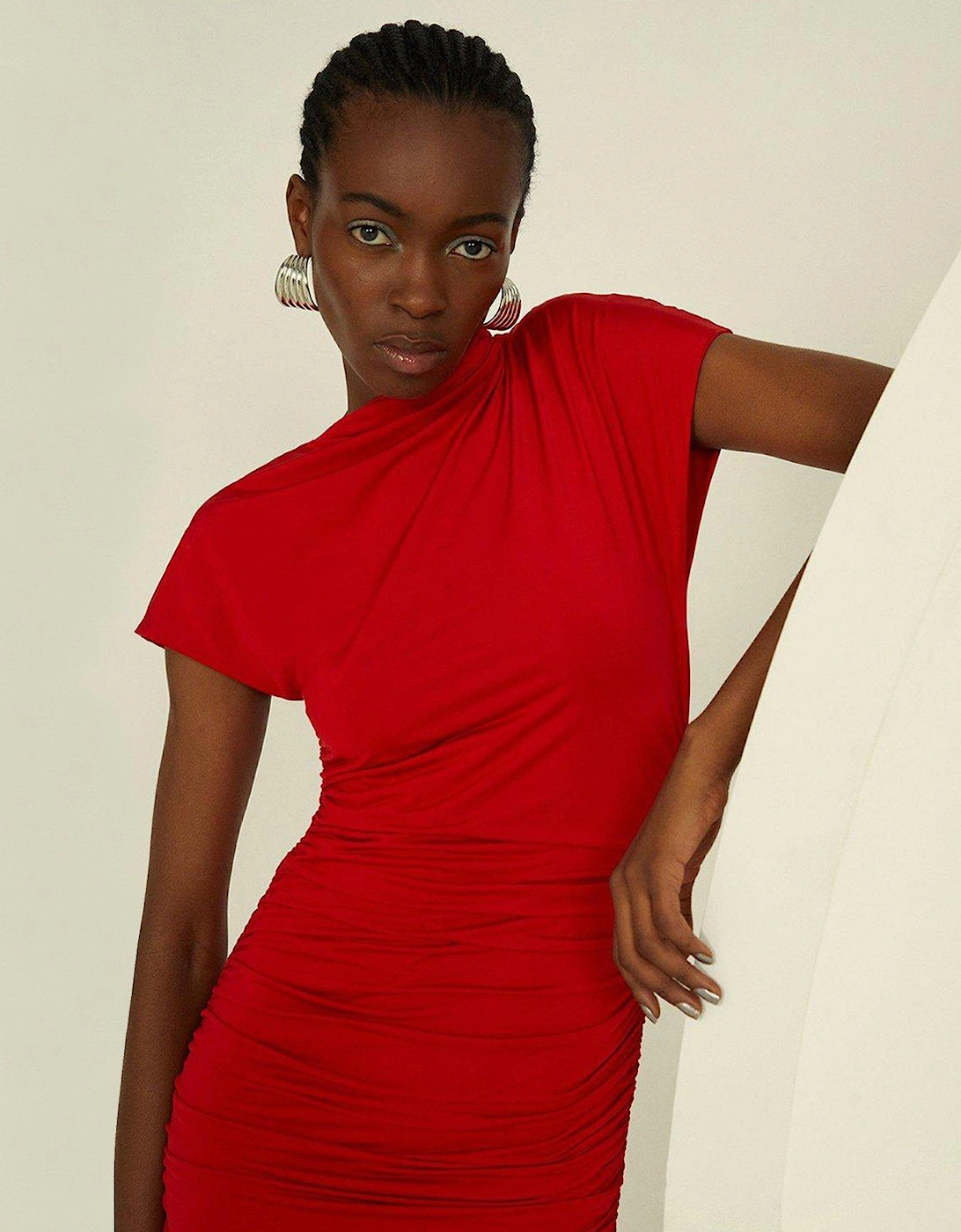 Slinky Ruched Asymetric Midi Dress - Red