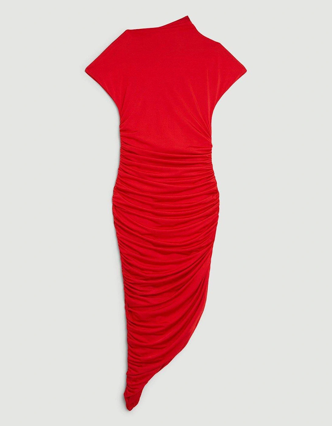 Slinky Ruched Asymetric Midi Dress - Red