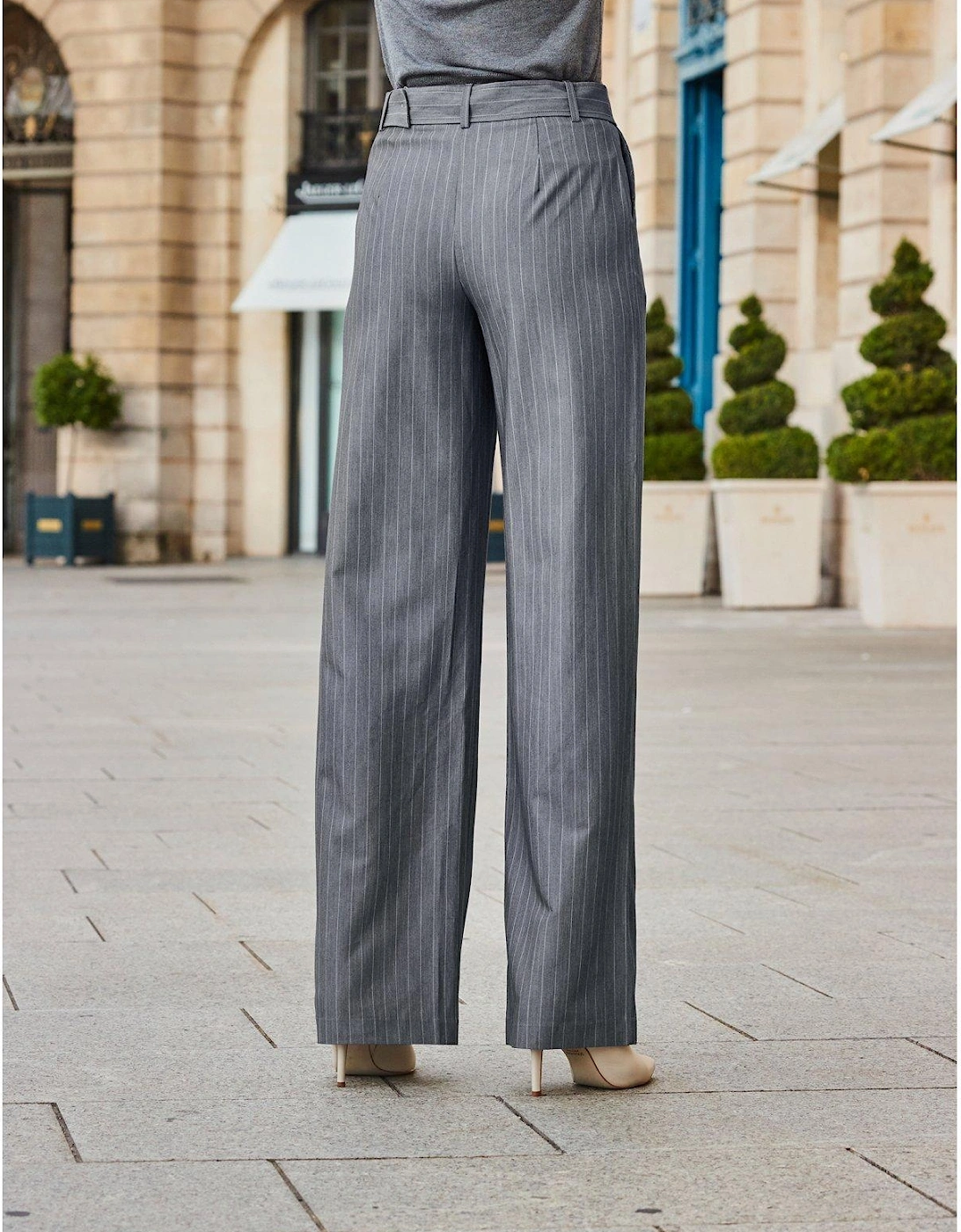 Pinstripe Belted Wide Leg Trouser - Grey