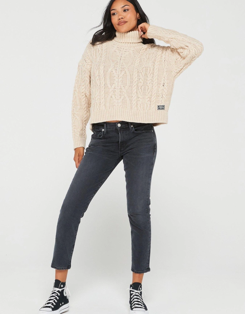Cable Knit Polo Neck Jumper - Beige