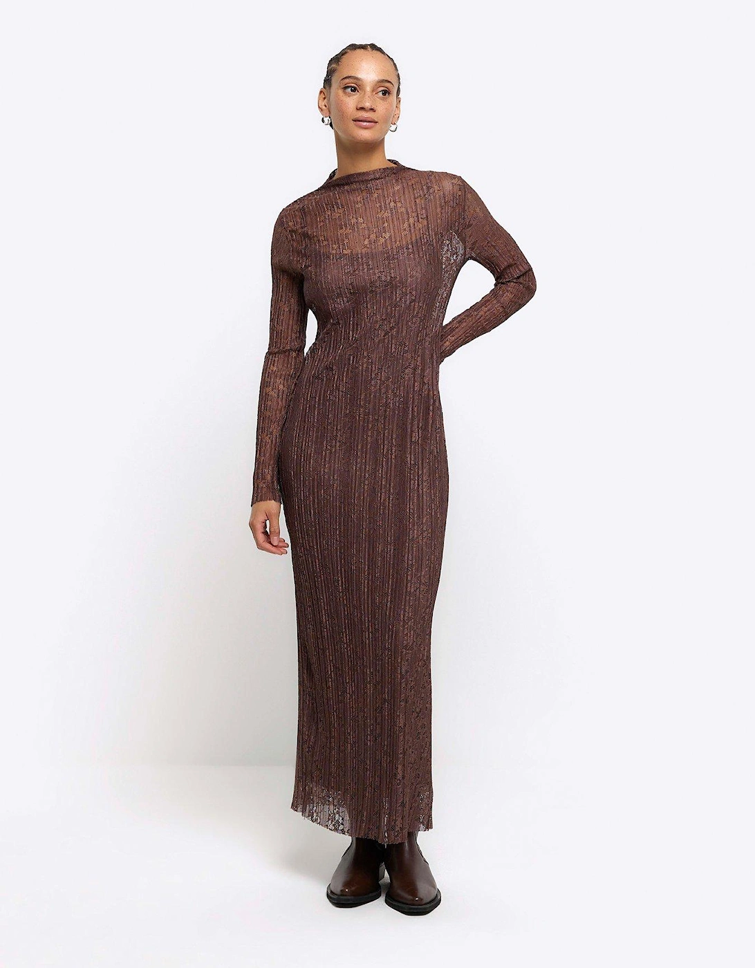 Pleated Lace Dress - Brown