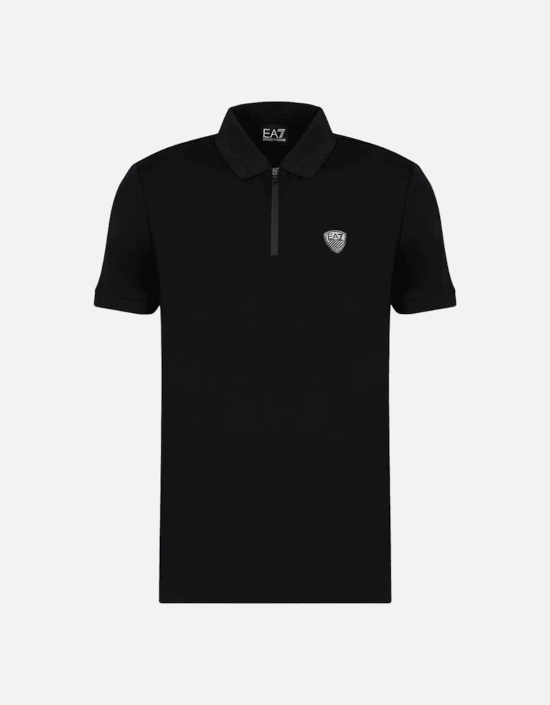 Cotton Badge Logo Quarter Zip Black Polo Shirt