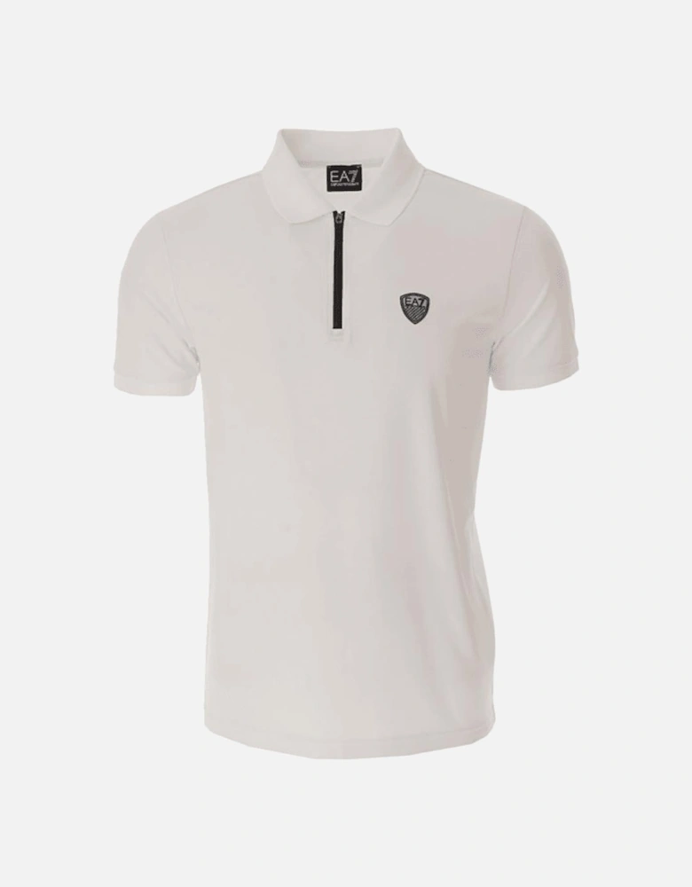Cotton Badge Logo Quarter Zip White Polo Shirt