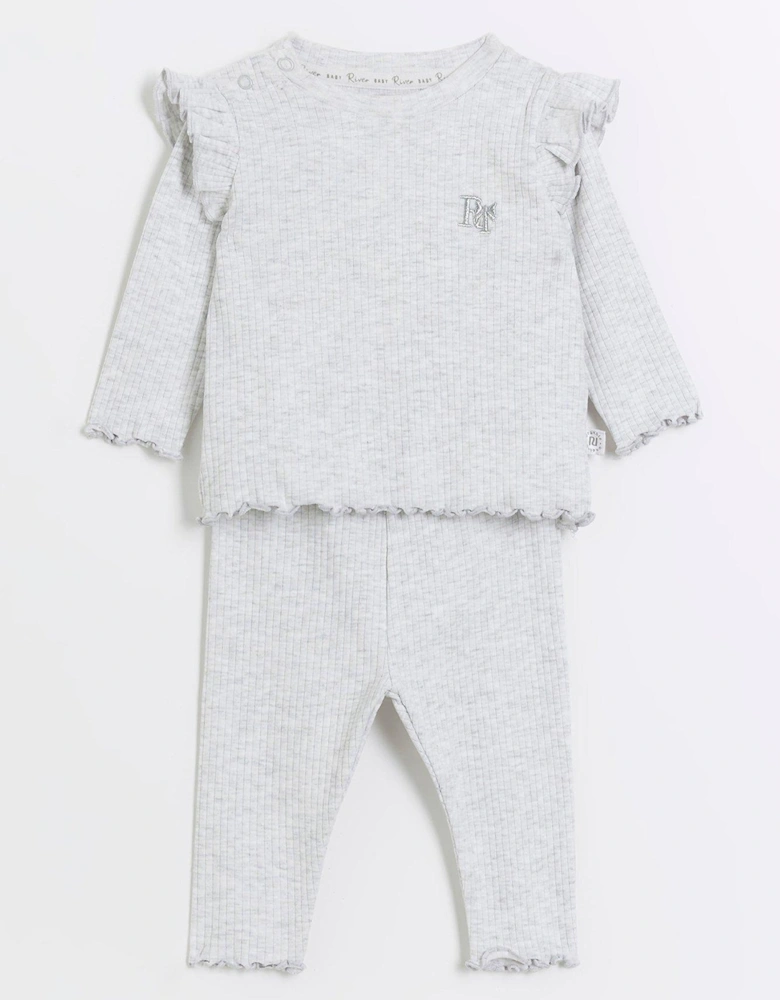 Baby Girls Frill Rib Long Sleeve Set - Grey
