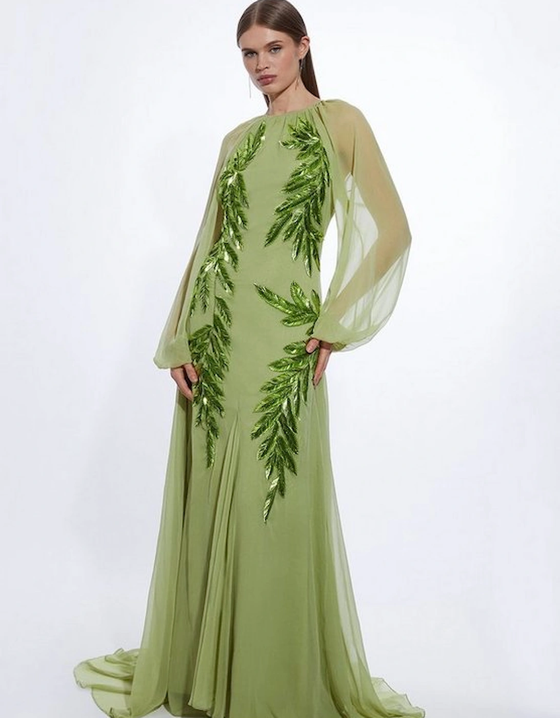 Feather Embellished Woven Long Sleeve Maxi Dress, 5 of 4