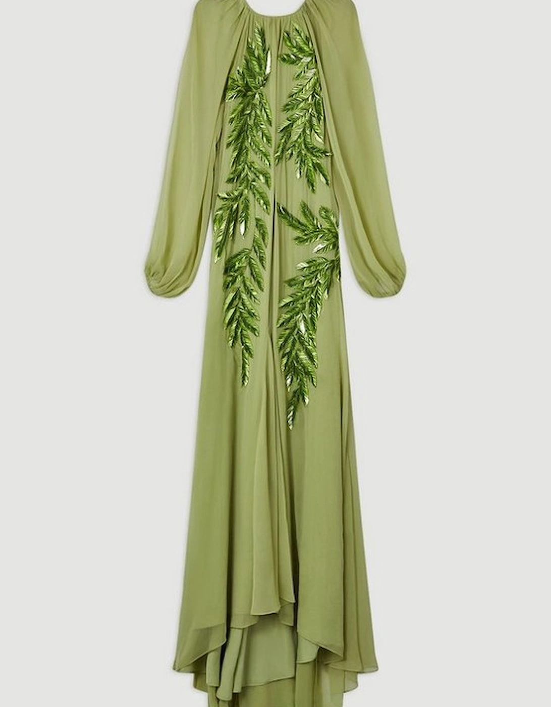 Feather Embellished Woven Long Sleeve Maxi Dress